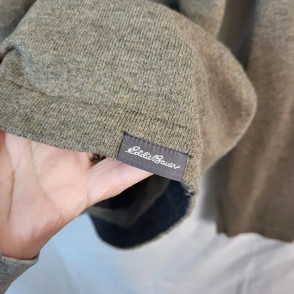 Eddie Bauer Mens XL V-Neck Sweater Cotton‎ Merino Wool Heathered Olive Brown